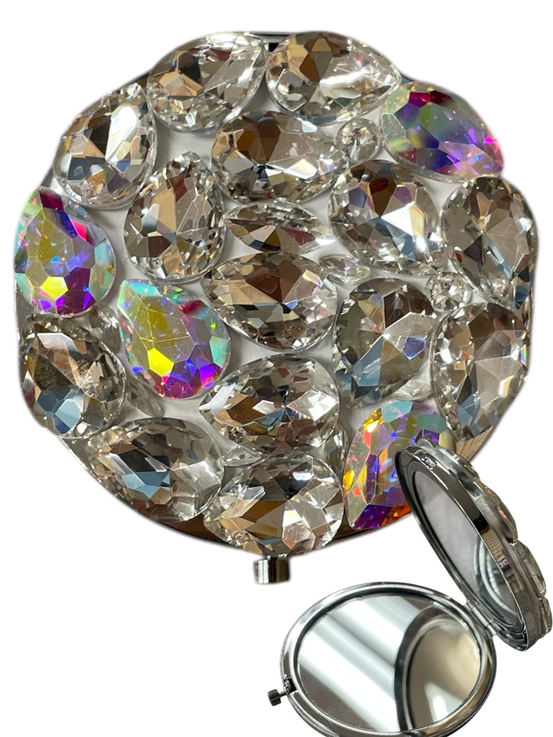 Bling Bling!! Large Rhinestone Compact Mirror - AB Silver * 2 in 1 - Plain Mirror and Magnifying Mirror