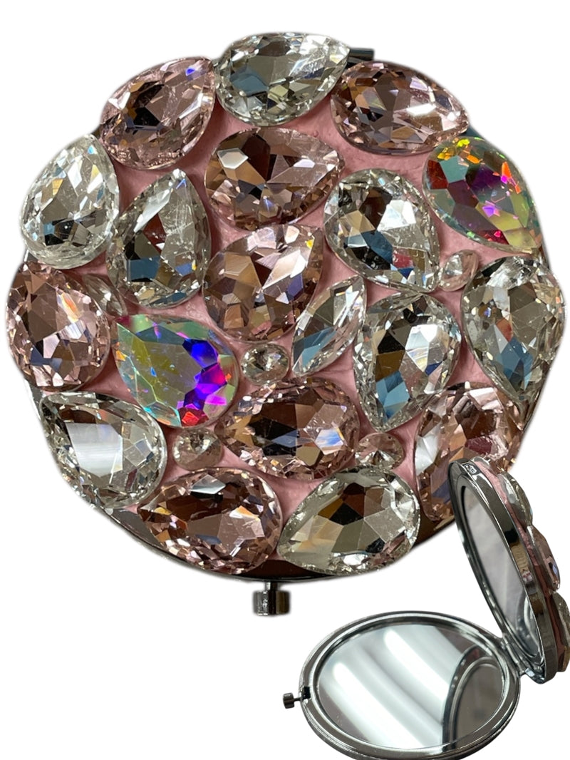 Bling Bling!! Large Rhinestone Compact Mirror - AB Pink * 2 in 1 - Plain Mirror and Magnifying Mirror