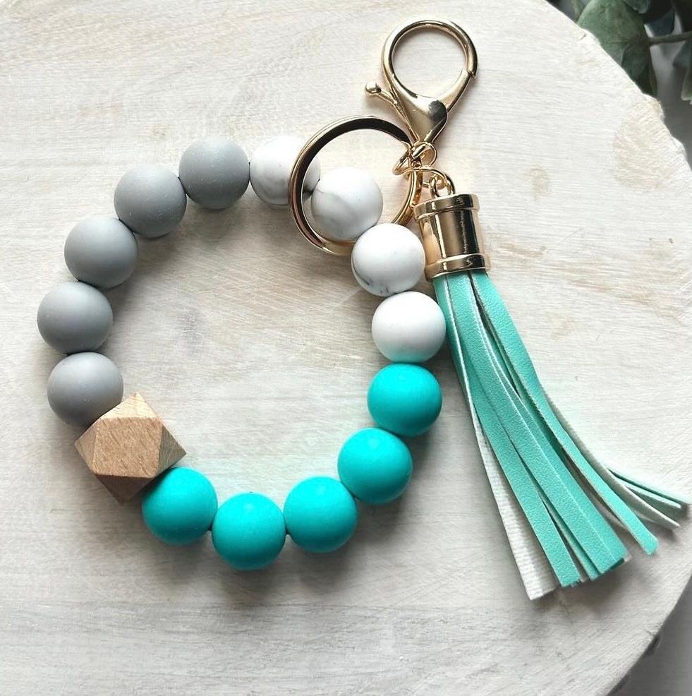 Turquoise, Gray, Marble White Silicone Beaded Keyring/Keychain Bracelet