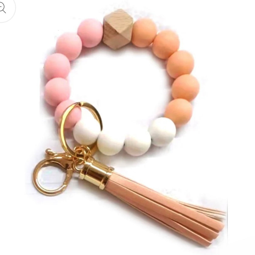 Orange, Pink, & White Silicone Beaded Keyring/Keychain Bracelet