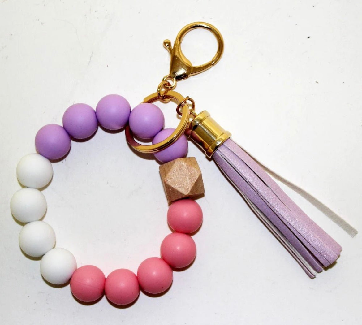 Pink, Purple, White Silicone Beaded Keyring/Keychain Bracelet