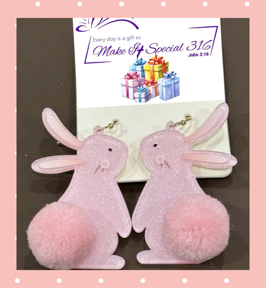Pink Acrylic Bunny Earrings with puff tail