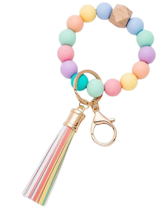 Silicone Beaded Wristlet Tassel Key Chain - Pastel Multi Color