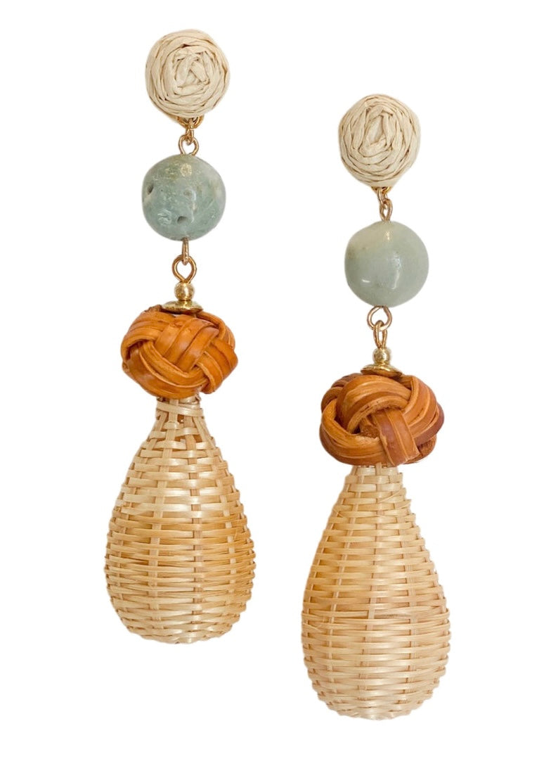 Rattan drop with stone Earrings - Aqua