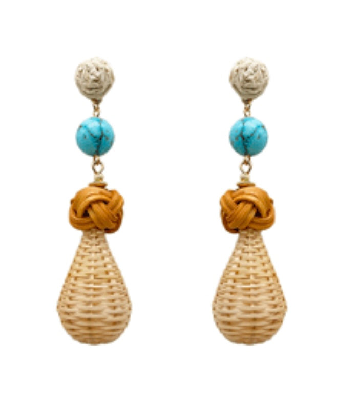 Rattan drop with stone Earrings - turquoise