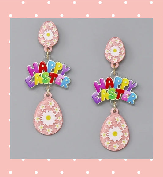 HAPPY EASTER Egg Acrylic Earrings - Pink