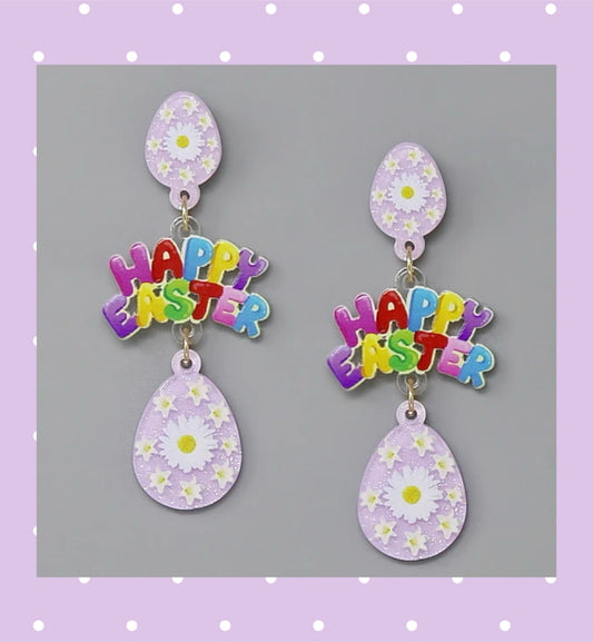 HAPPY EASTER Egg Acrylic Earrings - Purple/Lavendar