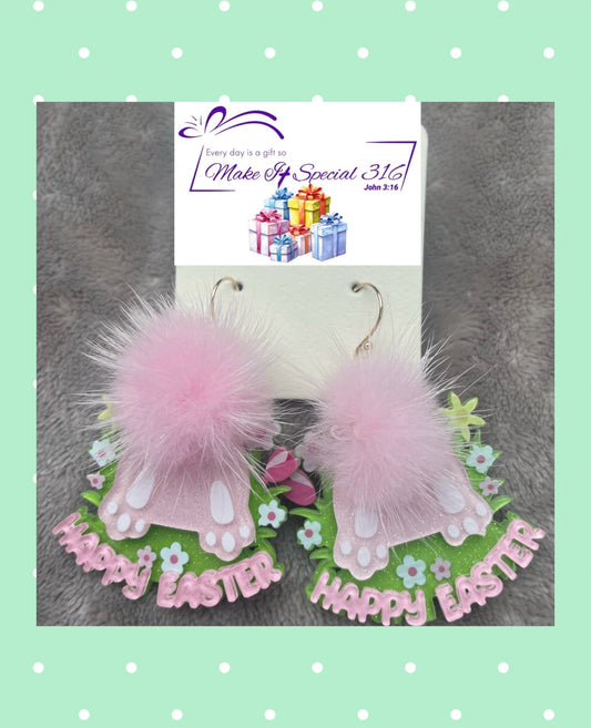 Pink Acrylic Happy Easter Bunny Earrings with Fluffy Fur Tail