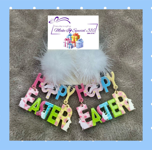 Hoppy Easter Acrylic Multicolored Earrings with Fluffy Fur Bunny Tail