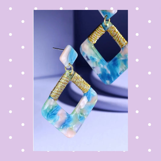 Resin Marbled Diamond Drop Earrings With Metallic Wrapped Thread Accent - Available in 4 colors