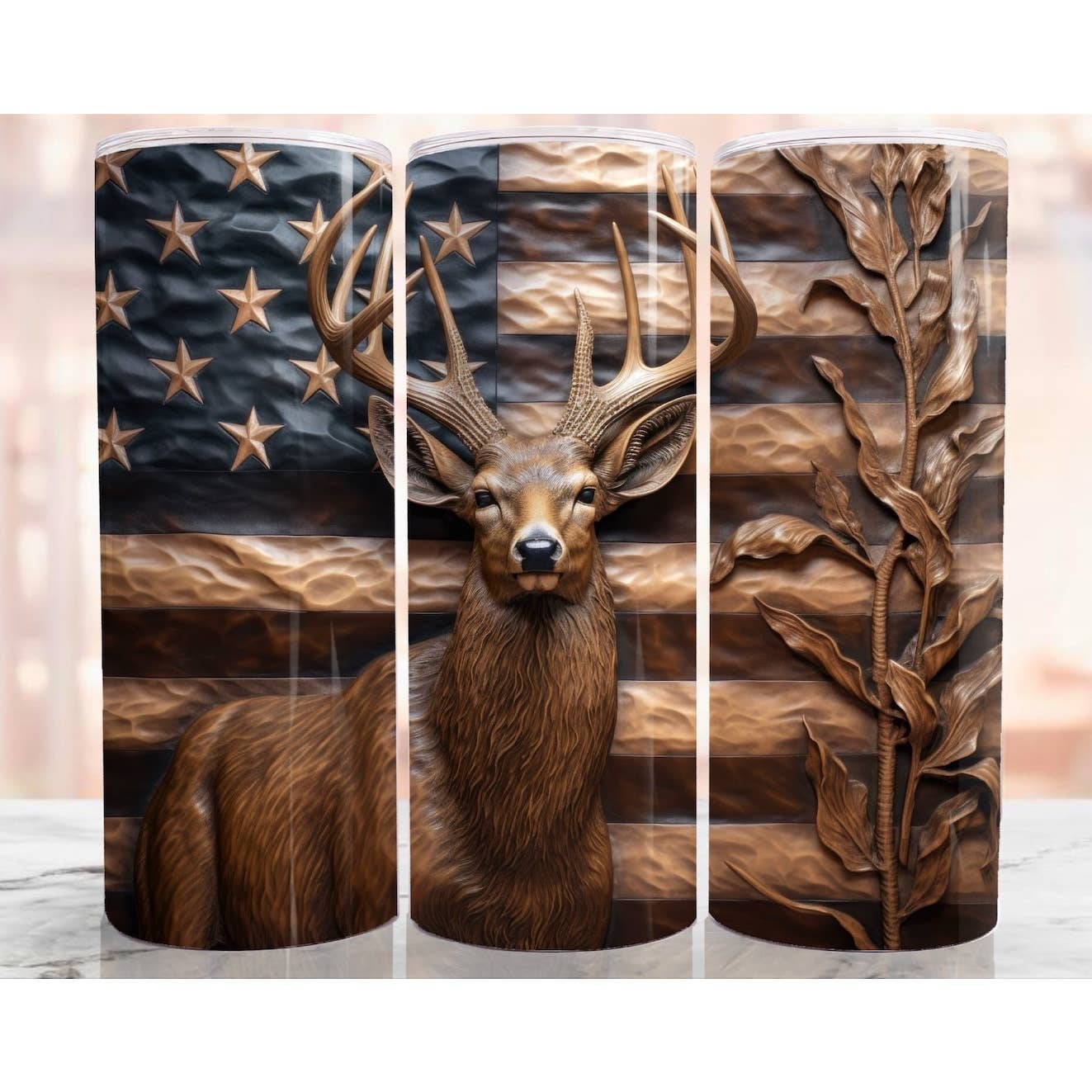 3D Deer American Flag Tumbler, 20oz Skinny Tumbler, Men Gift