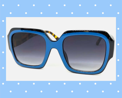 Exaggerated Classic Funky Retro Style SUNGLASSES Large Square Black & Blue Frame with Tortoise Shell Arms