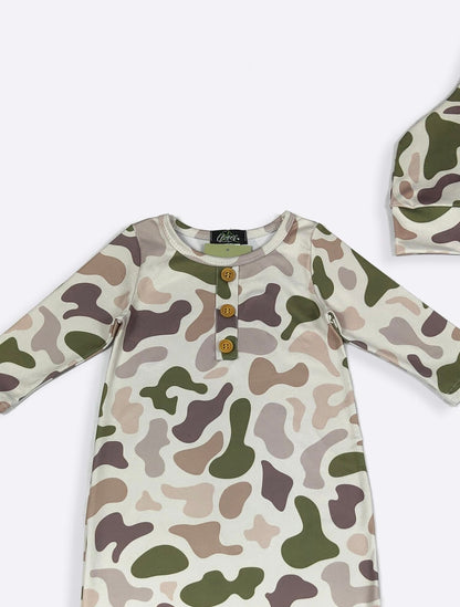 Clothing for Baby boy - Outdoor Camo Baby Knotted Gown, Newborn - 6 months ( with hat )