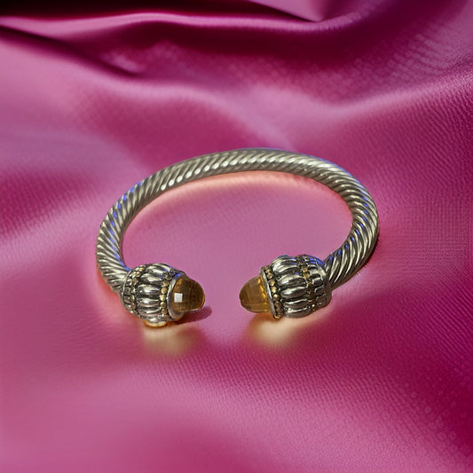 Designer Style Citrine Color Tip Silver Cable Cuff Bracelet