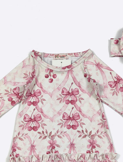 Clothing for Baby Girl - Mauve Cherries Baby Gown fits Newborn to 3 Months