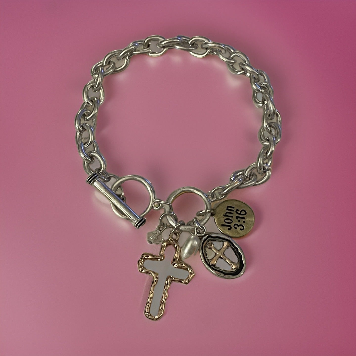 Multi-Color Cross and JOHN 3:16 Charms Toggle Clasp Bracelet - available in 2 colors
