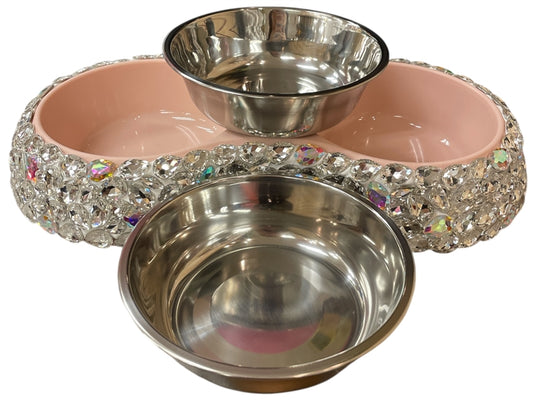 Bling Bling!! Silver AB Crystal Large Rhinestone Double Pet Bowl (stainless bowl is removable for washing)