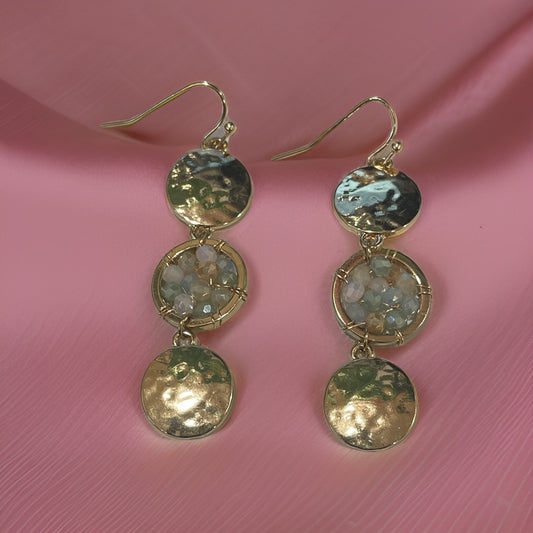 Elegant hammered gold metal and glass bead dangle drop earrings