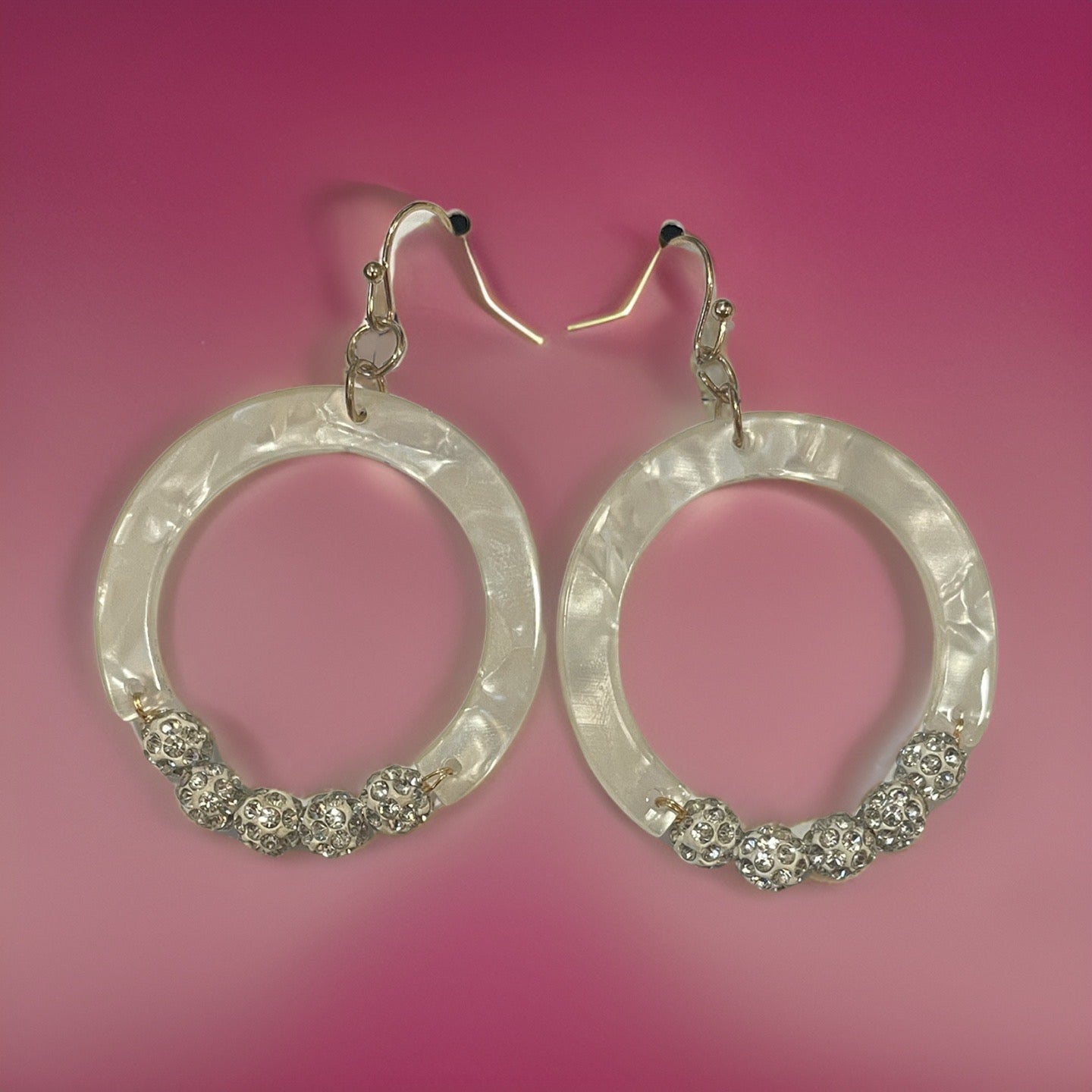 Marble resin open circle drop earrings with rhinestone studded beaded. Available in 4 colors
