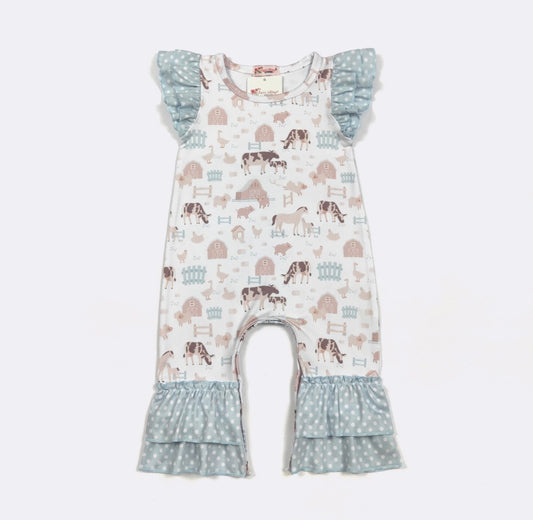 Clothing for Baby Girl - Barnyard Blue Baby Romper