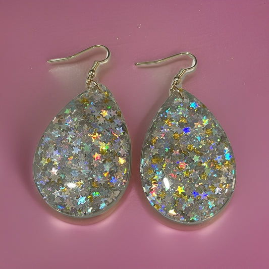 Glittery Teardrop Earrings, Iridescent Star Earrings