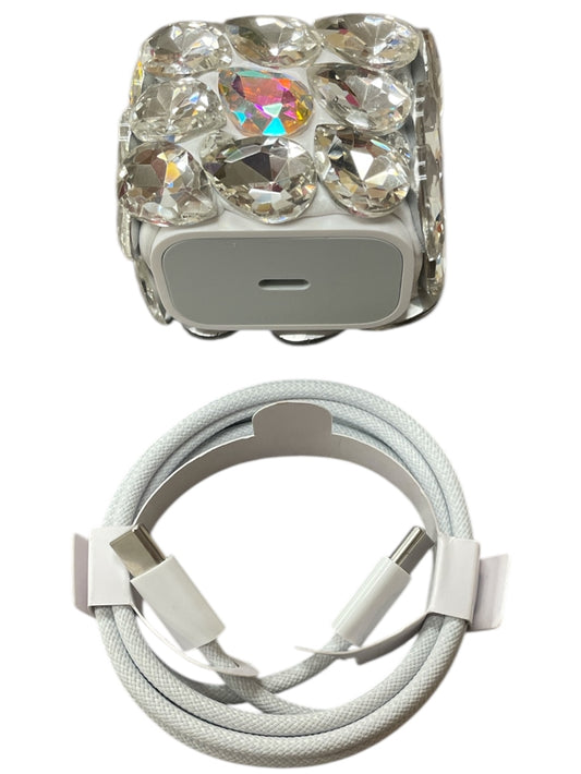 Bling Bling!! Silver AB Crystal Large Stone 20W Wall Charger and Type C to C Cable