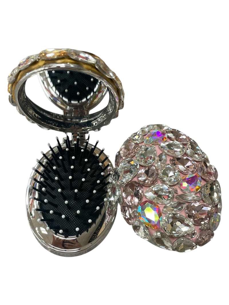 Bling Bling Handmade Pink Large Rhinestone Foldable Compact Hair Brush and Mirror