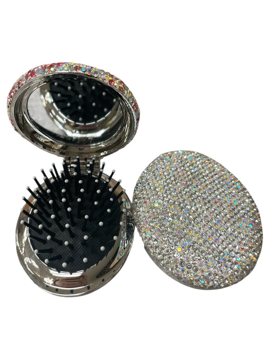Bling Bling Handmade Silver AB Rhinestone Foldable Compact Hair Brush and Mirror