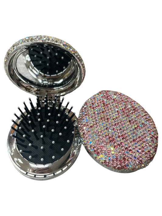 Bling Bling Handmade Pink Rhinestone Foldable Compact Hair Brush and Mirror