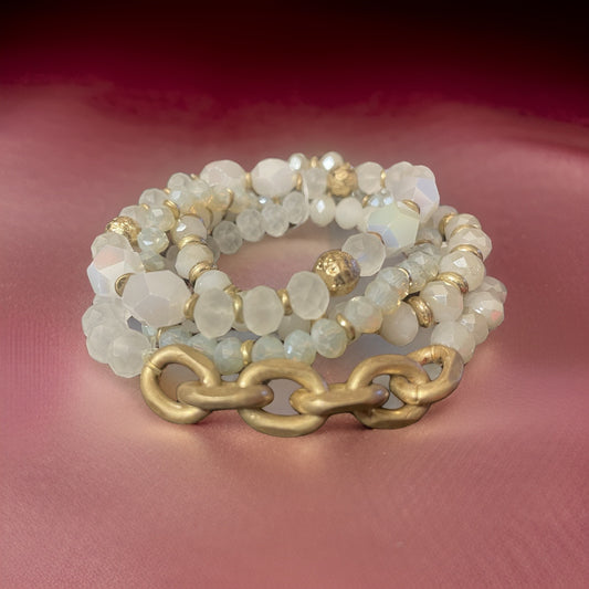 Frosted White & Gold Beaded Bracelet Set with chain links