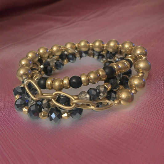 Black & Gold Beaded Bracelet Set with chain links