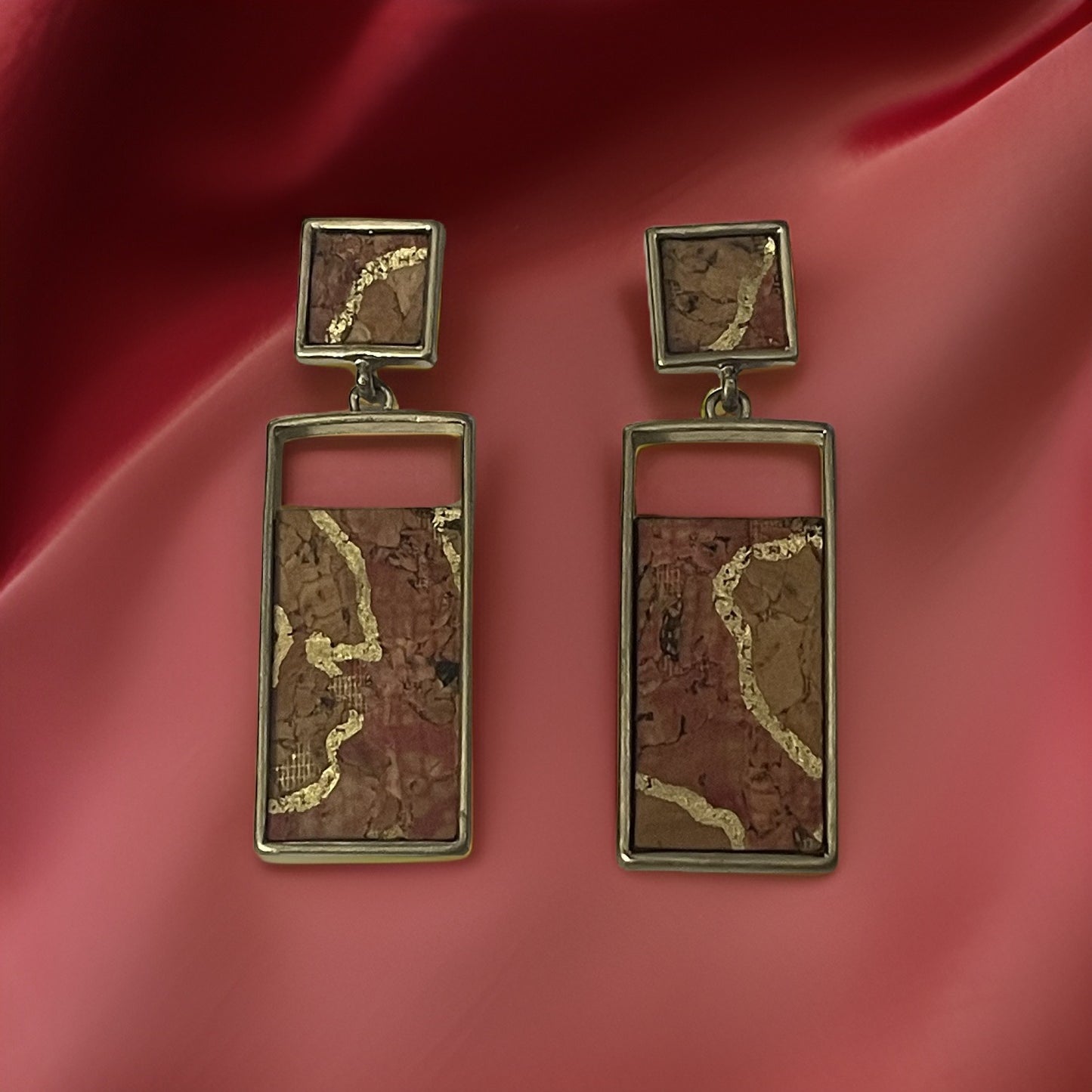 Rectangle Cork earrings with Gold Veins