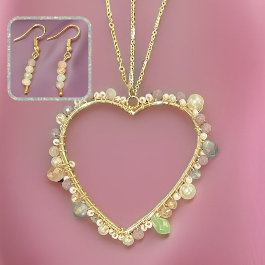 Large Beaded Heart & Gold Pendant & Earring Set