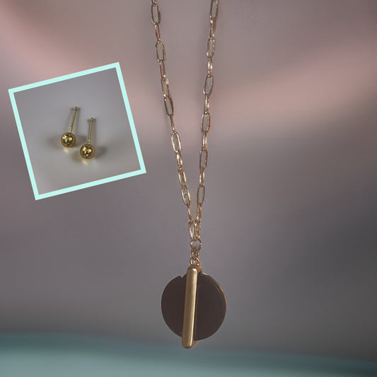Black & Gold Long Paper Clip Chain Pendant & Earring Set
