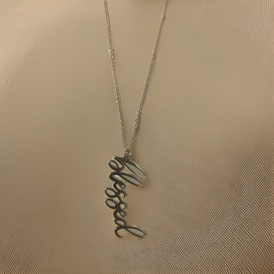 Necklace with cursive “Blessed” in silver tone