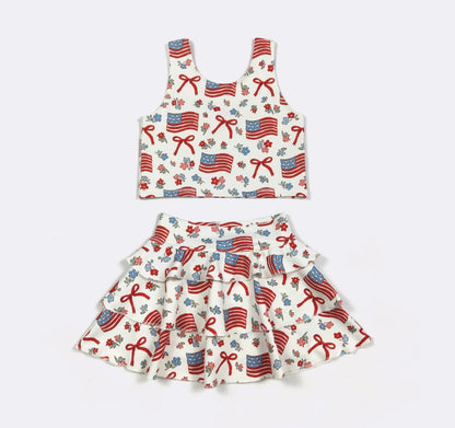 Clothing for Toddler Girl-Red White & Blue Ruffles Girls Skort Set