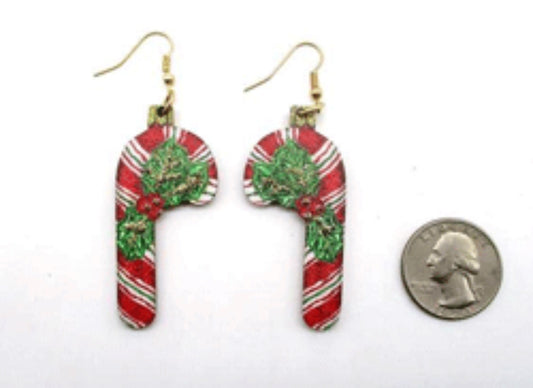 Wooden Christmas Candy Cane Earrings with Glitter Detail