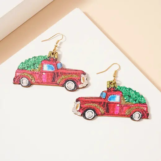 Wooden Christmas Red Truck with Tree Earrings with Glitter Detail