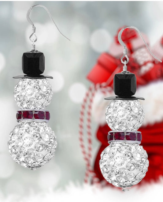 Crystal Beaded Sparkle Snowman Christmas Earrings