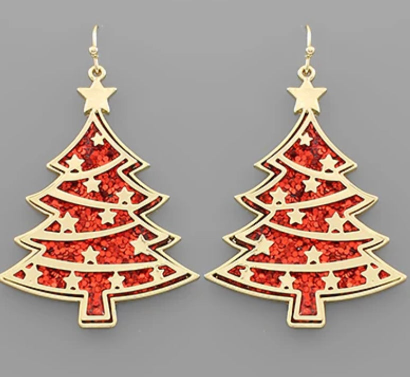 Red Glitter Christmas Tree Earrings with stars in Gold Metal