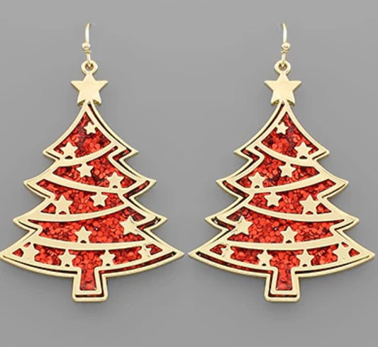 Red Glitter Christmas Tree Earrings with stars in Gold Metal