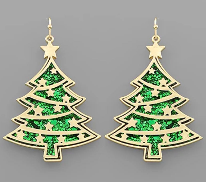 Green Glitter Christmas Tree Earrings with stars in Gold Metal