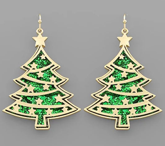 Green Glitter Christmas Tree Earrings with stars in Gold Metal