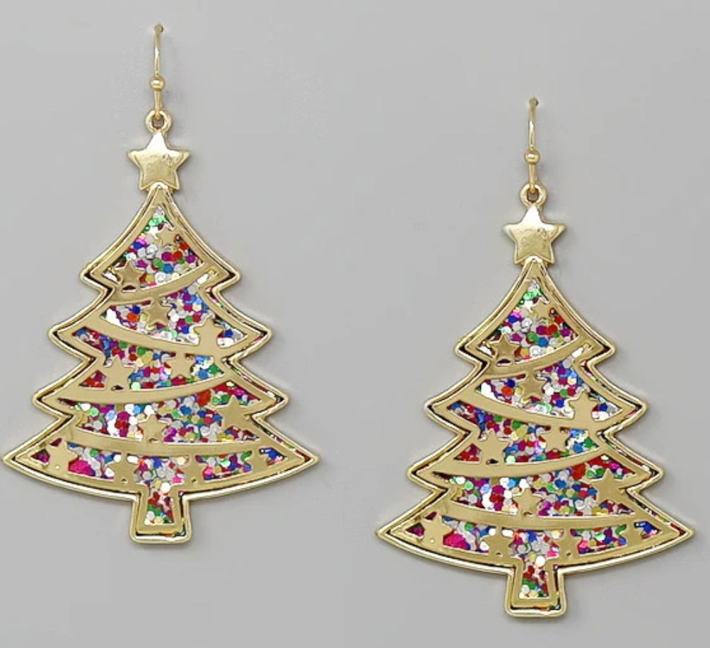 Multicolored Glitter Christmas Tree Earrings with stars in Gold Metal