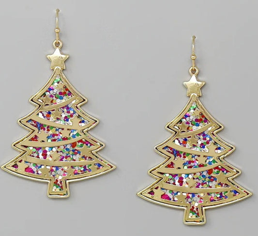 Multicolored Glitter Christmas Tree Earrings with stars in Gold Metal