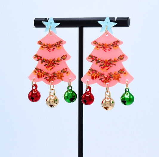 Pink Acrylic/resin sparkle Christmas Tree Earrings with bells