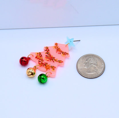 Pink Acrylic/resin sparkle Christmas Tree Earrings with bells