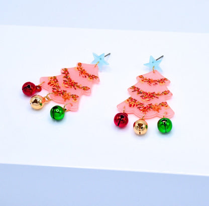 Pink Acrylic/resin sparkle Christmas Tree Earrings with bells