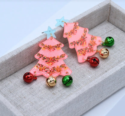 Pink Acrylic/resin sparkle Christmas Tree Earrings with bells