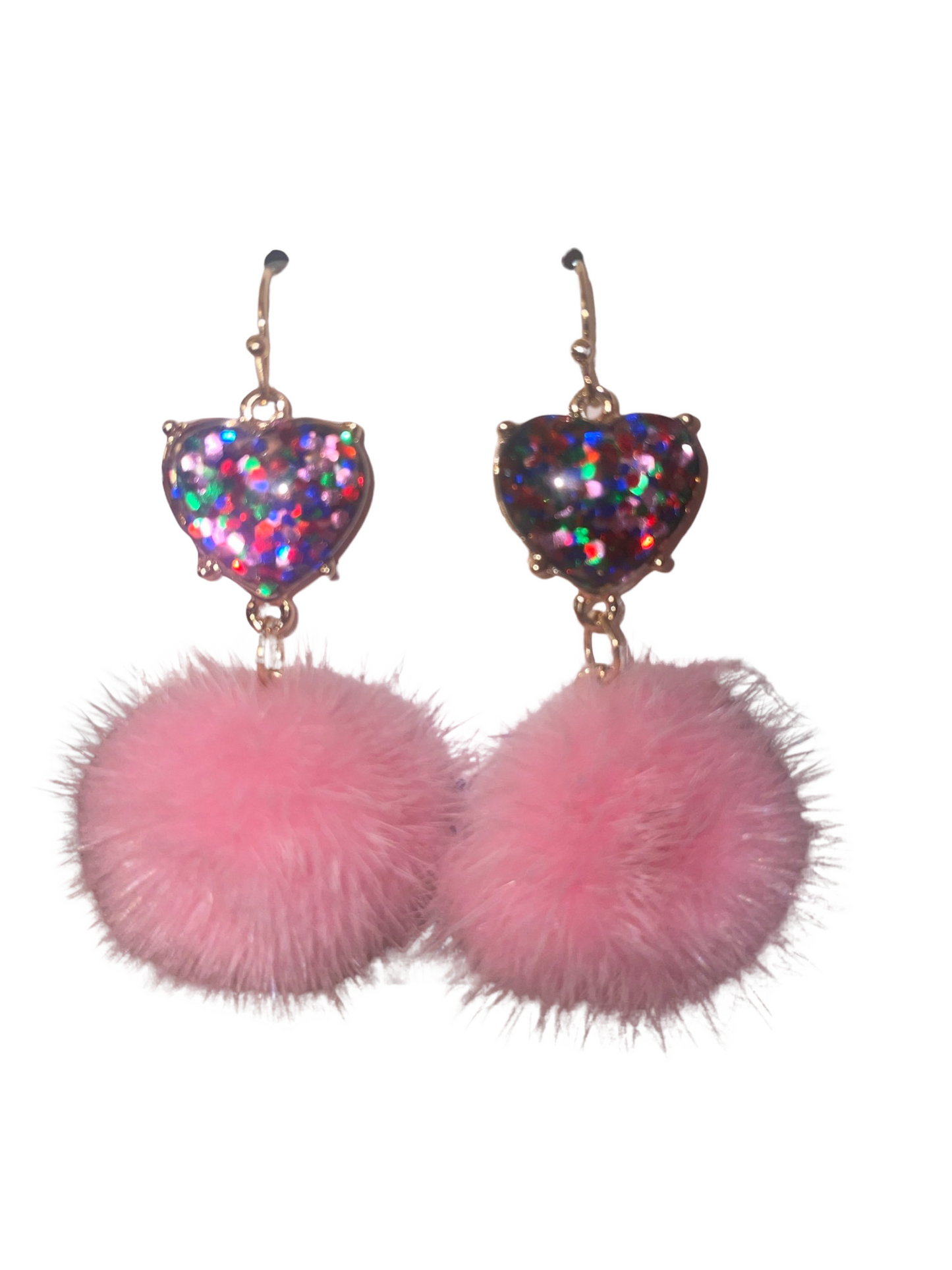 Glitter Heart Pink Puff Dangle Holiday / Christmas Earrings